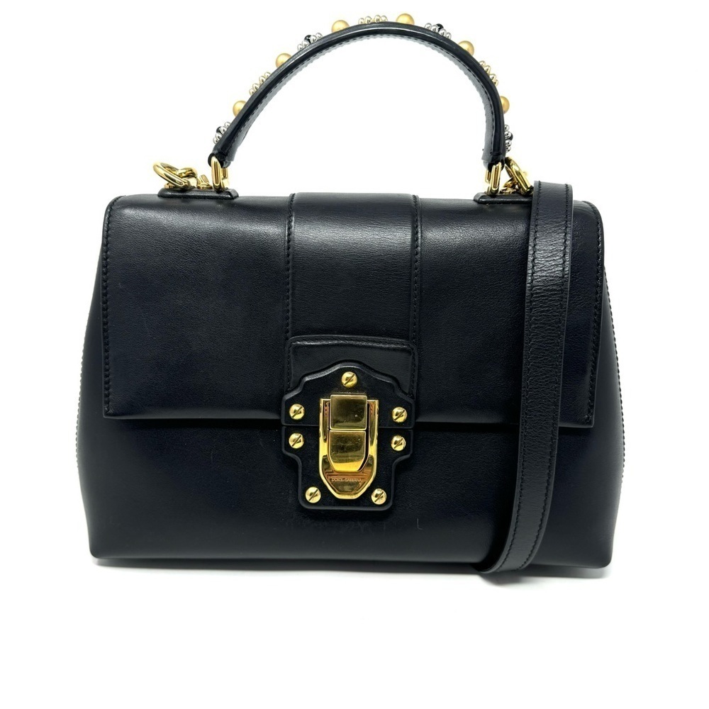 Dolce & Gabbana Lucia Black Leather Satchel – Studded Handle, Crossbody